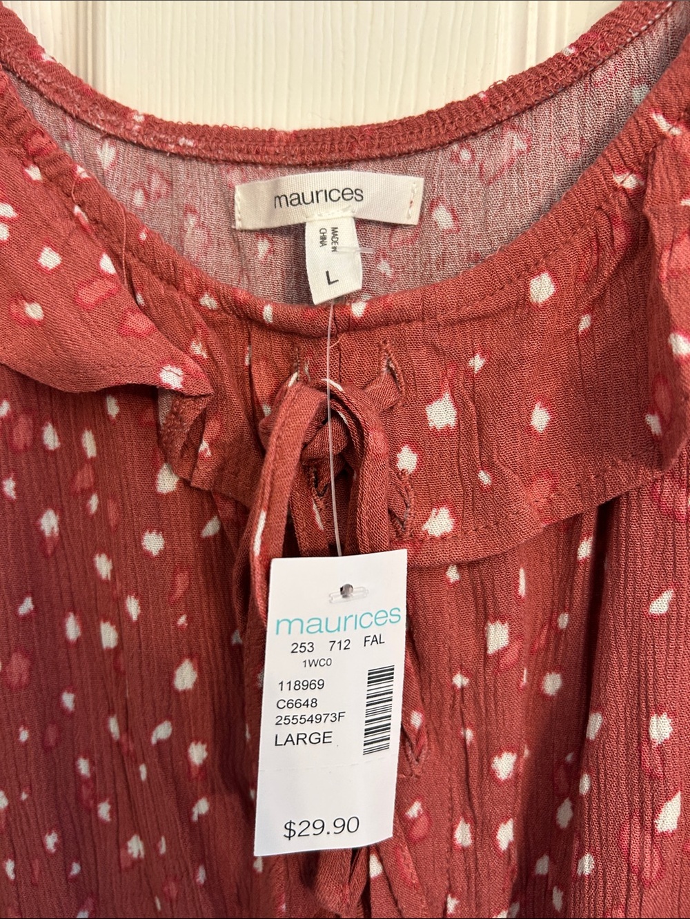 Maurice’s Rust Dot Ruffle Tie-Front Blouse - Picture 2 of 3
